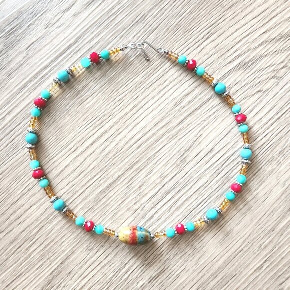 Handmade Beaded Necklace 18" Semi Precious Stone Ceramic Beads Boho Southwest A - Picture 2 of 7